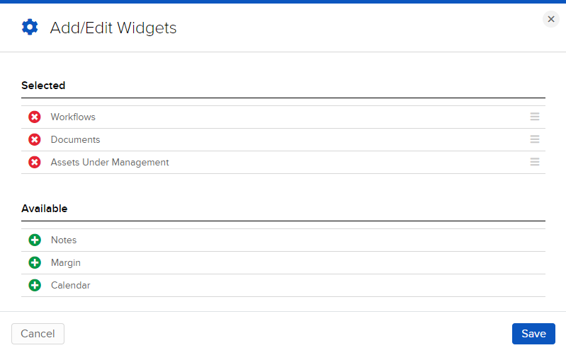 Add & edit widgets on the home menu of portal displaying widgets added and removed. 
